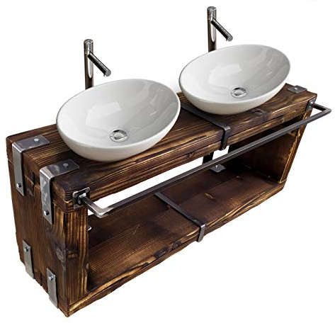 CHYRKA® Badmöbel Waschtisch BORYSLAW-Bad Waschbecken Hängeschrank Waschtischunterschrank Waschbecken-Unterschrank Metall Holz Loft Handmade (Natur, 120 x 28 cm H=40 cm)