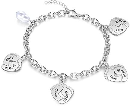 Bracelet Femme avec 2 ~ 4 Pendentifs de Pied de Bébé Personnalisé Bracelet de Cheville Femme avec Nom Gravé Bracelet Réglable Cadeau pour Dame Maman Meilleur Ami (4 Pendentifs de Pied de Bébé)