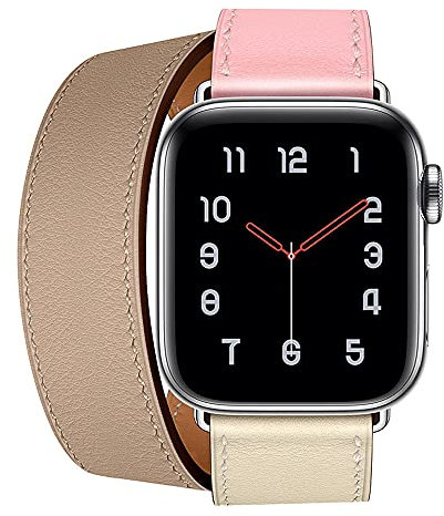 Aergood Cuir Bande,Compatible avec Apple Watch Bracelets 38/40/41mm 42/44/45mm, Double Tour Bracelet de pour iwatch Series 7 6 5 4 3 2 1 SE(42/44/45mm,Rose/Blanc)