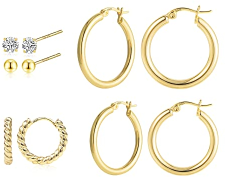 KISSPAT 6 paare Gold Ohrstecker Set, Silber 925 Hypoallergen Hochwertige Premium Zirkonia Kugel Ohrstecker und Klein Creolen Set, Ohrringe für Damen Mädchen