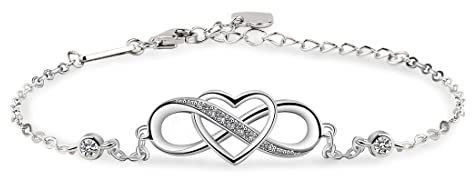 Yaneno Infinity Bracelet 925 Sterling Silver Crystal Zircon Endless Heart Symbol Charm Adjustable for Women (White Gold)