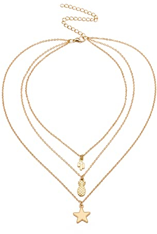 BCughia Mehrlagige Halskette Damen, Damen Kette 3 Reihig Gold Kaktus Ananas Stern Design Schönes Muttertagsgeschenk für Damen 40Cm