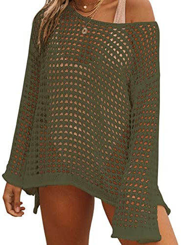 Bsubseach Crochet Corto Tops para Mujer Traje de baño Cubrir Bikini Sexy Hueco Knit Conjunto de Verano Verde Militar