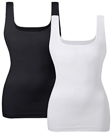 EUYZOU Women's 2PK Tummy Control Shapewear Tank Tops Seamless Square Neck Compression Tops Slimming Body Shaper Camisole-Black/White L