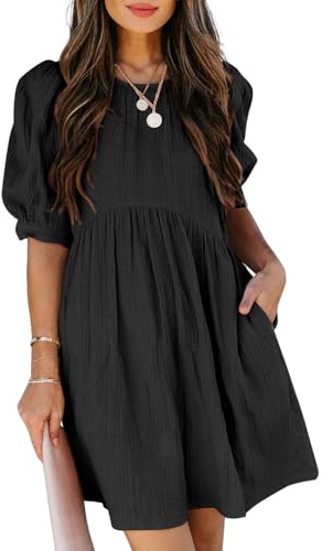 Dokotoo Womens 2026 Casual Summer Crewneck Bubble Sleeve Empire Waist Cute Dress Elegant Loose Tunic Flowy Mini Babydoll Dresses with Pockets Black X-Large