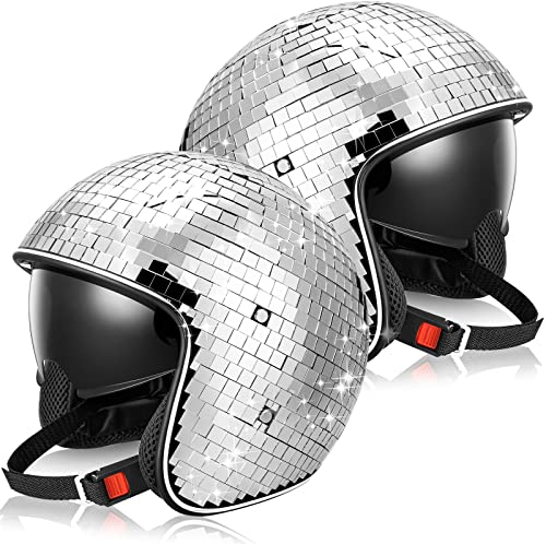 Kanayu 2 Stück Discoball-Helm mit einziehbarem Visier, Glitzer, Spiegel, Glas, Discokugel-Hut für DJ-Club-Partys (Silber)
