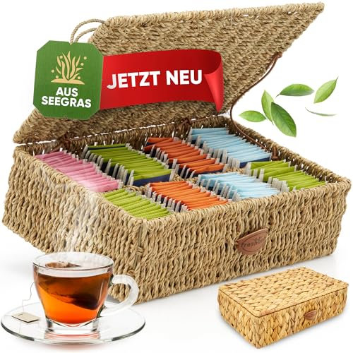 freshboho Teebox für Teebeutel aus Seegras geflochten [extra große Fächer] Teebeutel Aufbewahrungsbox für alle Teesorten | Tee-Aufbewahrungsbox zur Teebeutel-Aufbewahrung | Variante wählen