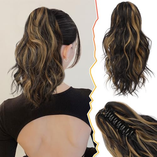 BARSDAR Klaue Clip Pferdeschwanz Extension, 35 CM Kurzes Gewellt Lockig Pferdeschwanz Haarverlängerung Synthetik Dicker Clip Pferdeschwanz Haarteil Weich Natürliches Tägliche Party(Schwarz & Blond)