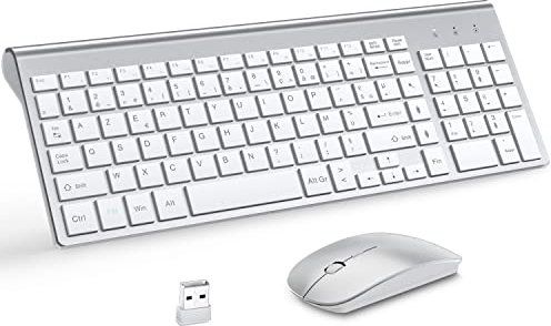 Ensemble Clavier et Souris Sans Fil Ultra-Mince avec Pad Souris, MOOJAY 2.4G USB Silent Compact Ciseaux Clavier d'interrupteur Souris avec Couvercle, Piles AA & AAA,pour PC/Laptop/Windows-Argent Blanc