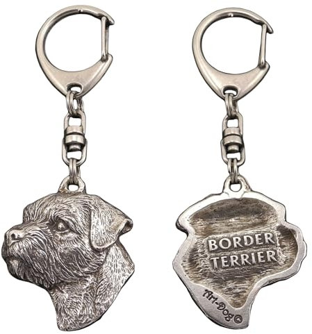 Art-Dog Niedlicher Hundeschlüsselanhänger - Exklusive Kollektion Border Terrier Schlüsselanhänger Hund - Versilberte Keyring mit 2,5 cm Schloss - 4,7x3,9x10,4cm