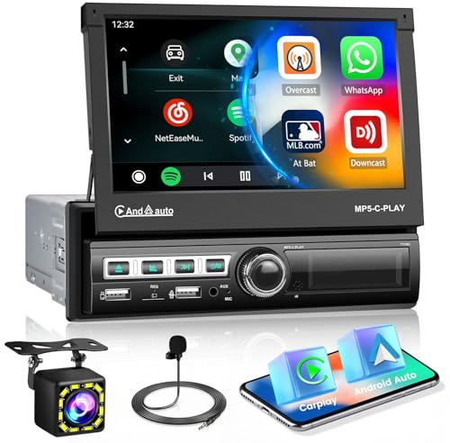 Inefala Autoradio 1 Din Bluetooth con Android Auto Carplay, 7 Pollici Retrattile Touchscreen Stereo Auto con Mirror Link Bluetooth FM USB AUX TF Controllo del Volante Telecamera Posteriore