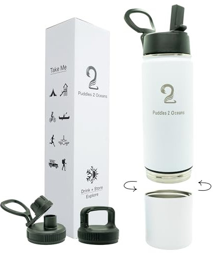 Insulated Water Bottle & Snack Container - Stainless Steel Water Bottle with Storage Compartment, 3 Lid Types BPA Free, Leak & Spill Proof Travel Bottle for Kids & Adults - Snack and Drink Cup