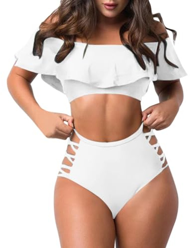 LUCKME Bandeau Bikini Sets for Women UK Plus Size,Sexy Ruffle Bikini Top and Swim Trunks High Waist 2 Piece Swimsuit Plain Beach Bathing Suits Tummy Control Swimwear Swimming Costumes Ladies