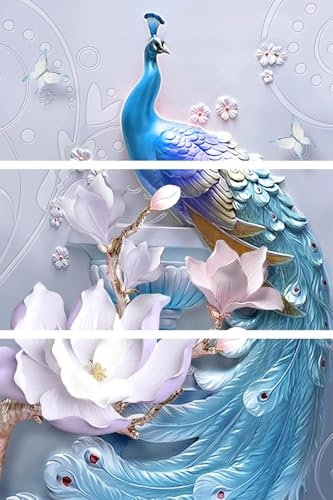 AREDE 3er Set Wandkunst Gemälde Bild Poster Blauer Pfau mit goldenen Elementen | 90 x 60 cm | Wandbilder Wanddekoration Home Office Wohnzimmer Schlafzimmer Dekoration | Fertig zum Aufhängen