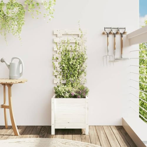 BAZZI Blumenkasten Rankgitter Hochbeet mit Rankgitter Pflanzkübel mit Spalier Gartenspalier Blumentopf aus Polyrattan -Weiße Kiefer-39 x 39.5 x 114 cm