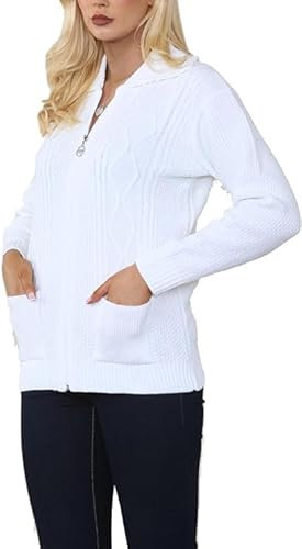 Womens Zipped Cable Knit Long Sleeve Collar Cardigan, Ladies Classic Chunky Winter Knitwear Zip Through Fasten with Pockets Pullover Jumper Top Zipper UK Plus Size 8-22, White-16-18