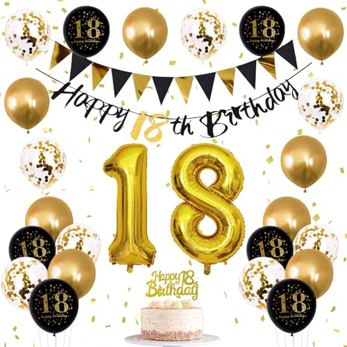 Jobkoo 18th Birthday Decorations - Black Gold Party Decoration, Boys Happy 18th Birthday Balloons, Banners, Cake Topper, Number 18 Foil Balloon, Supplies