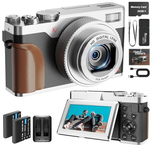 NBD Digital Camera for Photography,4K 56MP Vlogging Camera for YouTube, 180°Flip Screen Digital Point and Shoot Camera with 16X Zoom, Compact Camera for Beginner with 32GB SD Card (Silver)