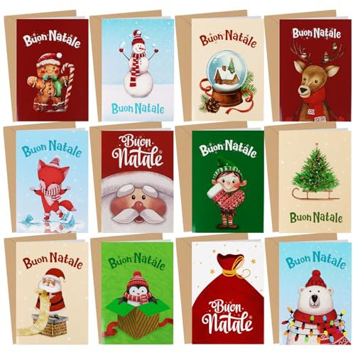BETESSIN Karten Weihnachten - 12 Stück Weihnachtskarten aus Italienisch - Faltkarten mit Umschlägen - Geschenkideen zur Weihnachten