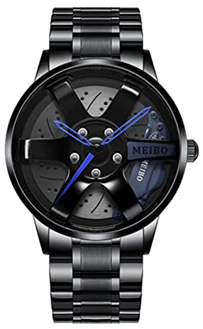 CaCaCook Armbanduhr für Autoräder, Armbanduhr für Herren aus Edelstahl mit Naben-Design für Auto-Felgen, Sportuhr, 3D-Hohlrad-Design für Männer, blau, Armband