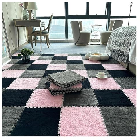 Schaumstoff-Bodenmatte, ineinandergreifende Plüsch-Bodenmatte, flauschiger quadratischer Teppich, Fliesen, weich, rutschfest, Puzzle-Bereich, Spielmatte for Zimmerboden, 30 Stück(Pink+gray+black,0.23