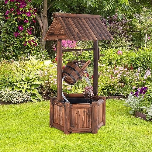 RELAX4LIFE Puits de Jardin en Bois de Sapin, Fontaine de Patio Décorative avec Pompe à Eau Électrique, Fontaine d'Ornement avec Surface Carbonisée et Design de Pavillon, 60X57X116CM