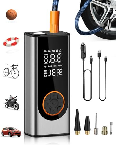 6000mAh Compressore Aria Portatile Auto - Mini Portable Electric Air Compressor con Banca di potere & Torcia LED, Senza fili/Con cavo, Pompa per Bicicletta per Auto, Moto, Bicicletta, Palla
