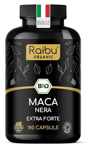 BIO Maca Kapseln (Schwarz) - Hochdosiert aus reiner Macawurzel, 3200 mg Tagesdosis - Mit natürlichem Vitamin C - Biozertifiziert, Vegan & Ohne Magnesiumstearat - 180 Kapseln, Raibu