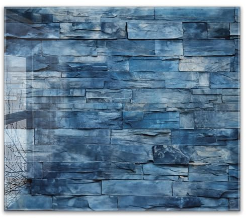 Herdabdeckplatte 60x52 cm einteilig aus 4mm ESG Glas | Blaue Steinwand Bruchstein Mauer | Herd Abdeckung Abdeckplatte Induktion Schneidebrett Glasplatte für Ceranfeld