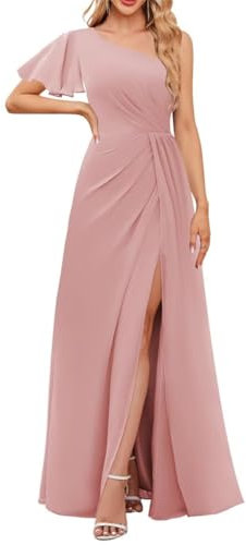 Robe de demoiselle d'honneur en mousseline de soie pour femme avec fente pour anniversaire, cérémonie, grande taille, vieux rose, 48