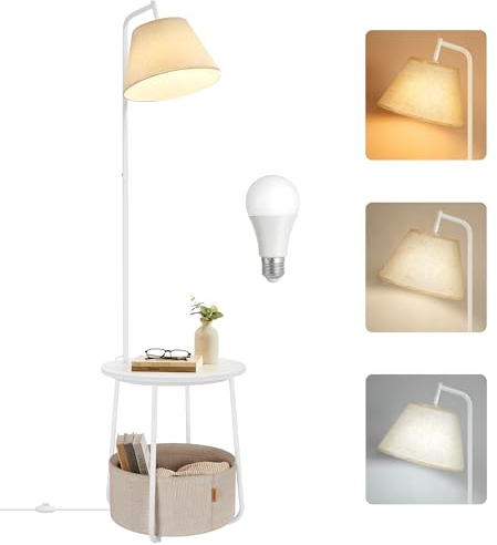 VASAGLE End Table with Lamp, 3-in-1 Floor Lamp with Table and Fabric Basket for Living Room, Tunable LED Bulb Included, Angle-Adjustable Lampshade, Matte White ULFL004WC01S