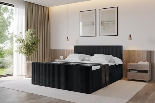 ALTDECOR Boxspringbett mit Matratze und Lattenrost, Topper, Fußteil,Polsterbett mit Bettkasten, Bett mit Stauraum H3-Matratze, Doppelbett, Boxbett - TOLO-Z 120x200 Cord - Schwarz