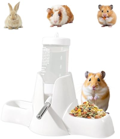 XHYASD Hamster Trinkflasche 80 ml 3 in 1 mit Futternapf Weiß | Kunststoff und Edelstahl, 80 ml, Doppelnapf und Standfuß, tropffrei, Kugelventil