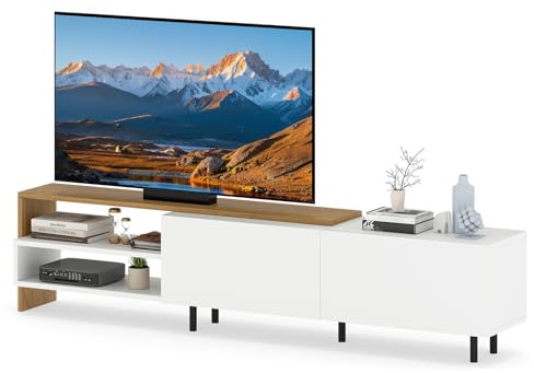 KOMFOTTEU TV Schrank für Fernseher bis zu 80 Zoll, Fernsehschrank aus Holz mit 2 Schränken mit Türen & 2 offenen Regalen, Lowboard mit Metallbeine, für Wohnzimmer, Schlafzimmer, 181 x 31 x 41 cm, Weiß