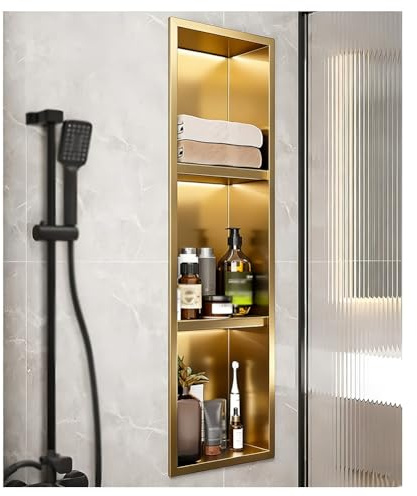 Zfmnoyev Recessed LED Shower Niche, Stainless Steel Shower Niche, Waterproof No Tile Needed, 2/3/4 Shelves - Wall Cabinet for Bathroom Storage and Home Decor(Gold,900x280x125mm)