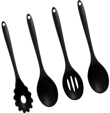 Köksskedar i silikon, set om 4, 2 x mixskedar + 1 siktesked + 1 x spagettisked i silikon, BPA-fria, värmebeständiga silikonskedar för stekpannor