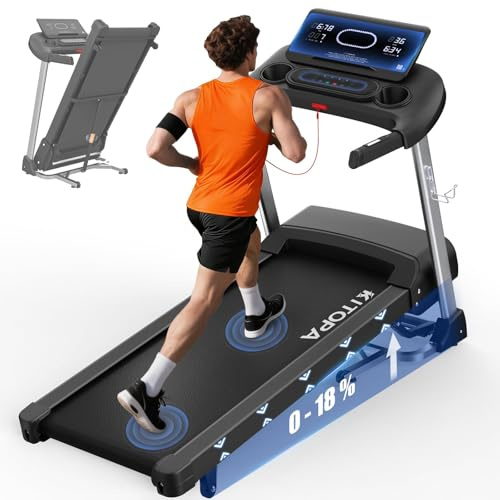 Kitopa Tapis roulant per casa, Treadmill fino a 7 CV e 20 km/H, professionale, grande battistrada con 18 pendenze, tapis roulant pieghevole con display LCD interattivo e Bluetooth, tapis roulant fino