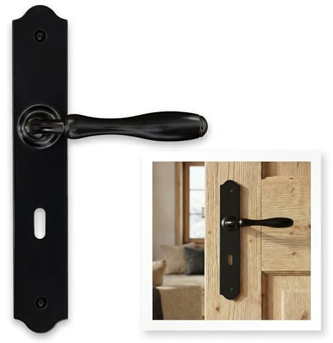 ERGO line CHALET Schwarz – Türbeschlag im Landhausstil, rustikale Türgriffe für Zimmertüren BB 72 mm, Retro Langschild-Drückergarnitur, Türklinke Schwarz, klassischer Türdrücker