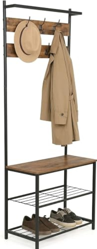 Efforias Hallway Coat Rack with Bench, Shoe Shelves and Hooks, Metal Frame, Rustic Brown and Black, 180 cm