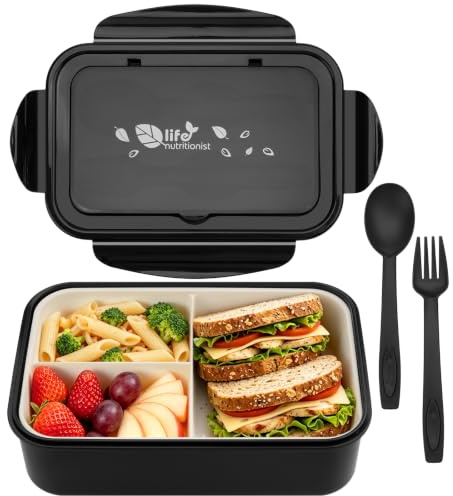 BIBURY Lunch Box for Kids Adults, 3 Compartments, Bento, Leakproof, Black | BPA Free, Microwave & Dishwasher Safe, Includes Cutlery, Removable Tray, For School, Work, Meal Pre, 1.4L