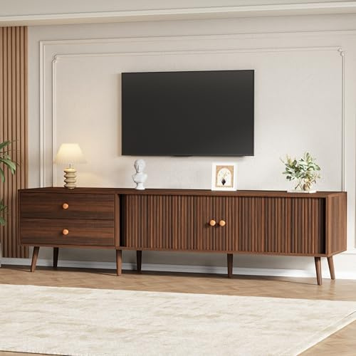 FammyLoft TV-Schrank bis 80 Zoll mit Zwei Schubladen, TV-Lowboard 180cm mit Zwei Rolltüren, Fernsehtisch mit 7 Standfüßen, TV Stand, Fernsehschrank, TV-Board, TV-Kommode, Nussbaum