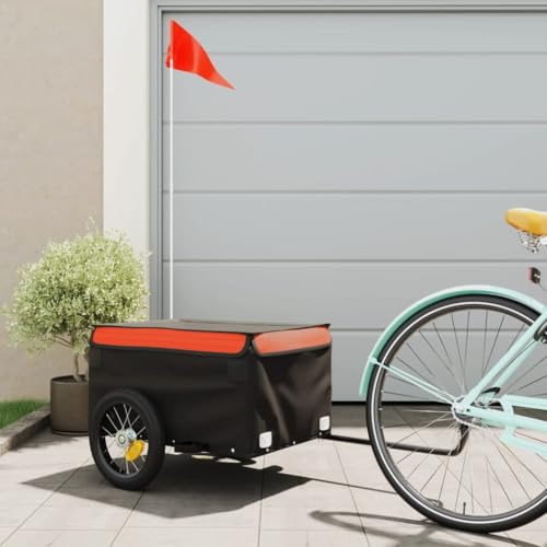 LoogCape Remorque de vélo noir orange 30 kg en fer pliable porte-bagages et porte-charges transport sûr pour la ville, le quotidien, les voyages, l'extérieur, avec réflecteur, protection contre la