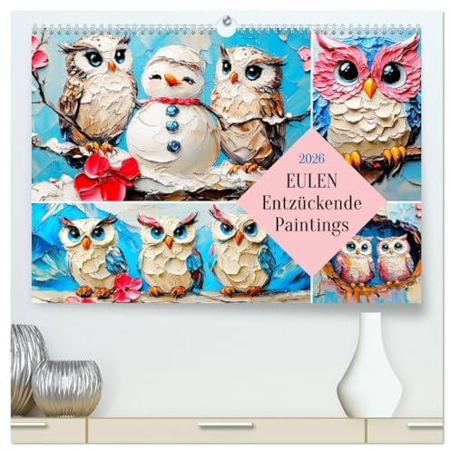 Eulen. Entzückende Paintings (hochwertiger Premium Wandkalender 2026 DIN A2 quer), Kunstdruck in Hochglanz: Duftige Eulenbilder im Ölbilder-Stil (CALVENDO Tiere)