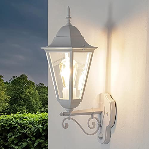 Außenleuchte mit Bewegungsmelder Aluminium Glas in Weiß IP44 Balkon Garten T:28,5 E27 Laterne Retro Outdoor Wandlampe Hof BRISTOL