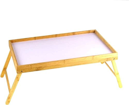 Bamboo Serving Tray Breakfast Bed Table with Wooden Folding Legs, Bamboo Lap Tray With White Finish