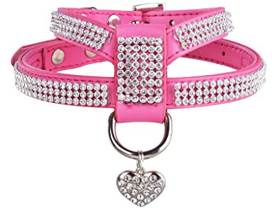 EXPAWLORER Hundegeschirr Echtes Leder Weich Gepolstert Haustier Glitzernde Strass Weste mit Herz Anhänger für Welpen Katze, Rosa (S, Rosa)