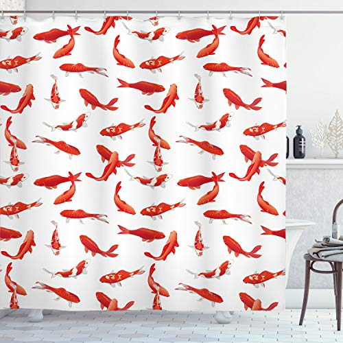 ABAKUHAUS Koi Fisch Duschvorhang, Koi Schwarm Meeres, Stoffliches Gewebe Badezimmerdekorationsset mit Haken, 175 x 180 cm, Orange