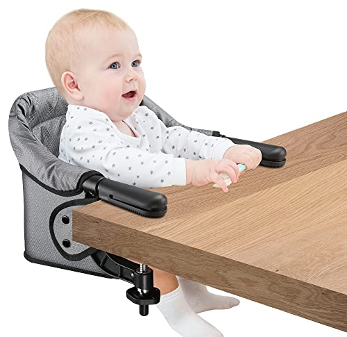 Toogel Hochstuhl mit Haken zum Anklippen, Tischstuhl, zusammenklappbar, zur Befestigung an einem schnellen Tisch oder Stuhl, Grau 1