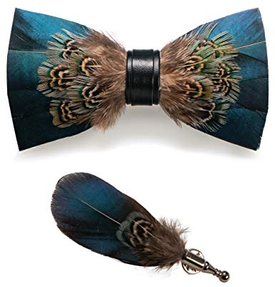 JEMYGINS Noeud Papillon Homme Bleu/marron en Plume en Plumes Fait Main et Broche Ensemble Compris boîte