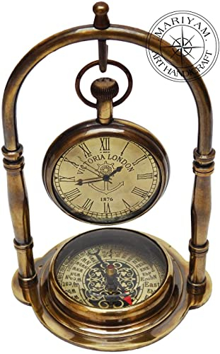MARIYAM ART HANDICRAFT Nautische Uhr Schiff Tischuhr Messing Schreibtischuhr Maritim Messing Kompass mit Antik Victoria London Taschenuhr